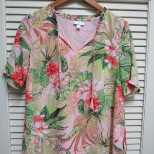 J.Jill Floral Chiffon Blouse Women S Petite Pink Green Short Sleeve Tie Neck